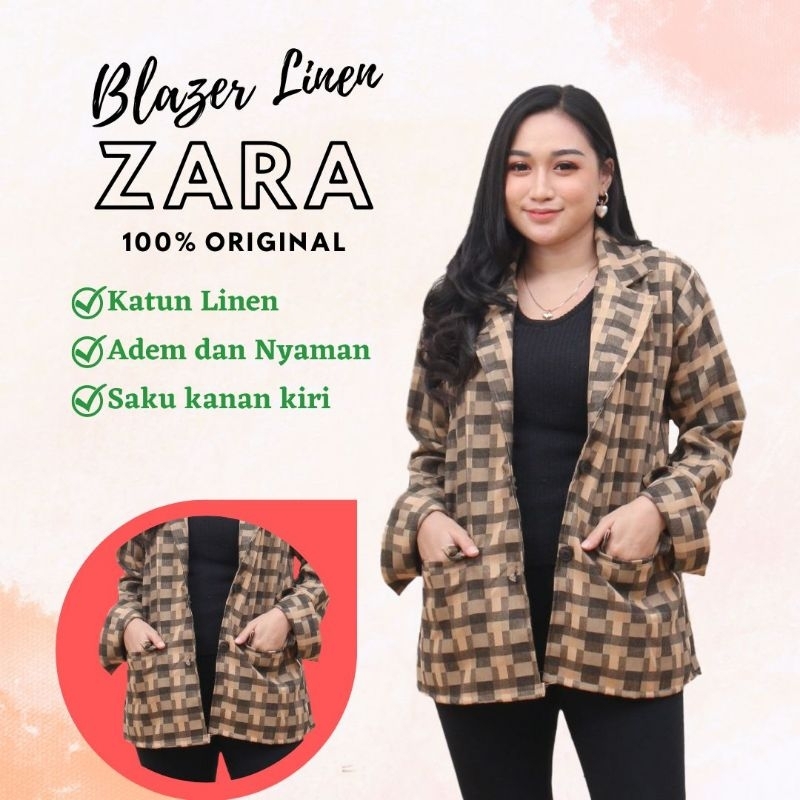 Jas Outer Blazer kantor Wanita - Zara Blazer - Blazer linen Motif Kotak Oversize