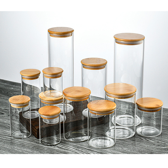 [DIAMETER 8.5cm] SATUAN Toples Snack Kaca Bulat Tutup Kayu Borosilicate Diameter 8.5cm Kedap Udara Makanan Tempat Penyimpanan Cereal Toples Kotak Bening Kontainer Makanan