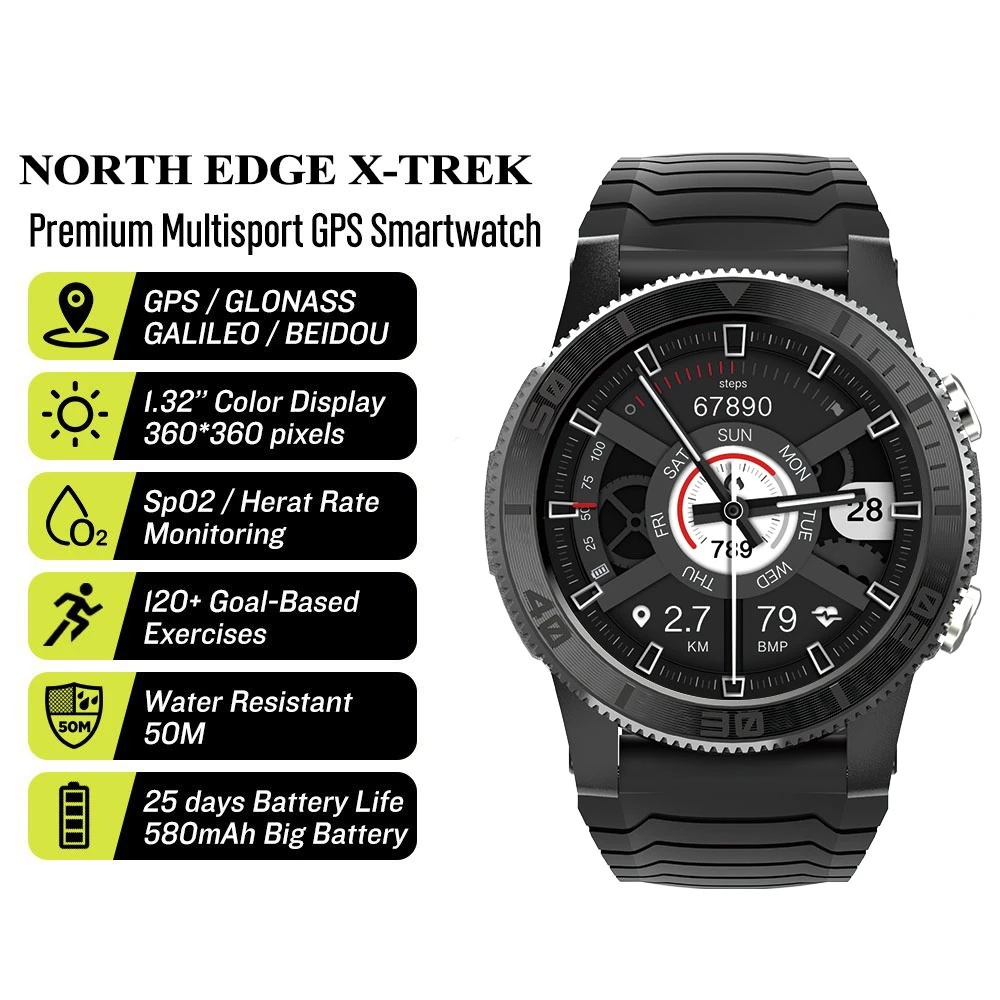 New NORTH EDGE X-TREK 360*360 High Resolution Screen GPS Watch Heart rate/VO2 MAX/SPO2/120 Sport modes Smartwatch