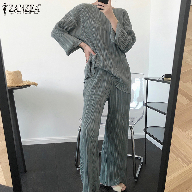 ZANZEA Women Fashion Long Sleeve Pleated Elastic Waist Loose Wide-legged Casual sets