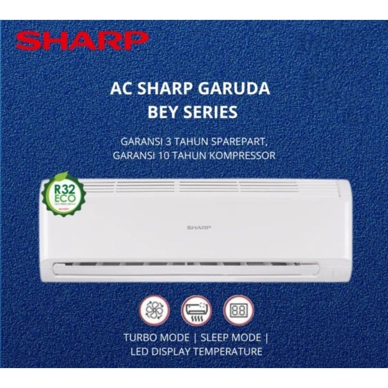 Ac sharp 1pk a9bey 1 pk turbo cool 760 watt garansi mesin 10 tahun gold fin turbo mode r32 led displ