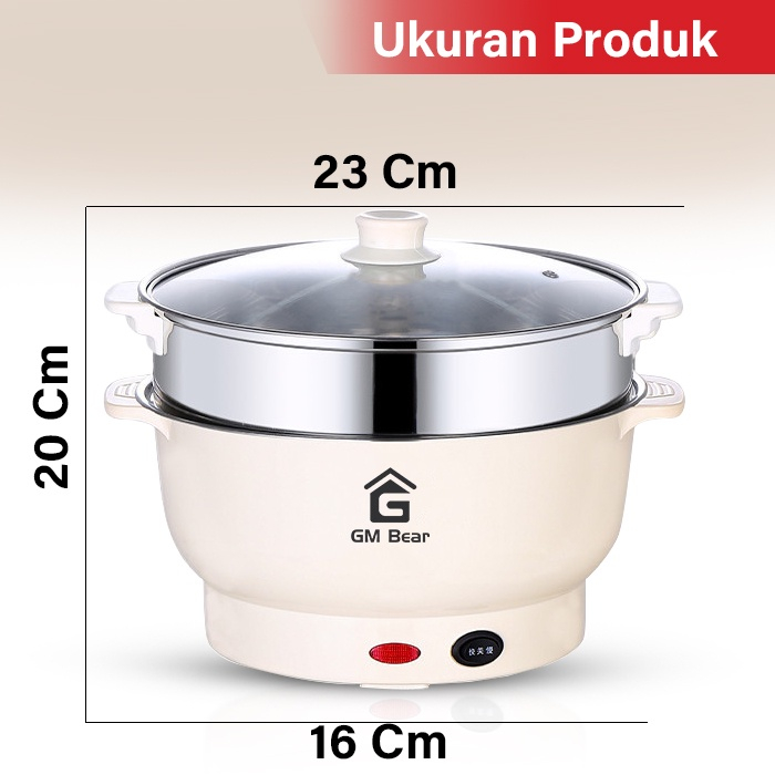 GM BEAR PANCI LISTRIK PLUS KUKUSAN STAINLESS SERBAGUNA  2in1 1225 ELEKTRIC COOKING POT