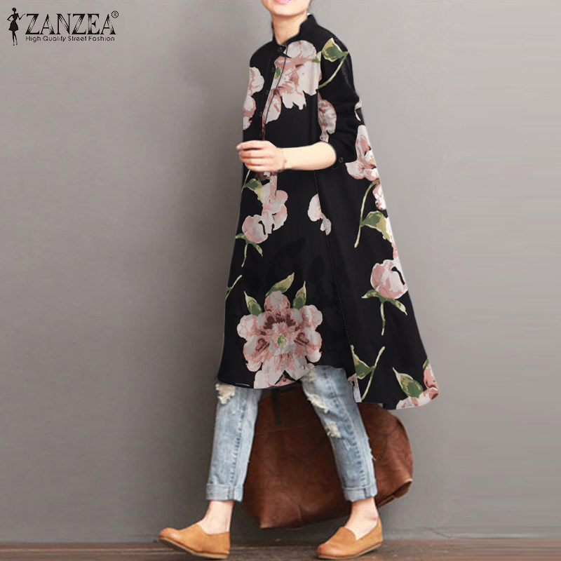 ZANZEA Women Long Sleeved Button Cuffs Retro Floral Printed Stand Collar Blouse