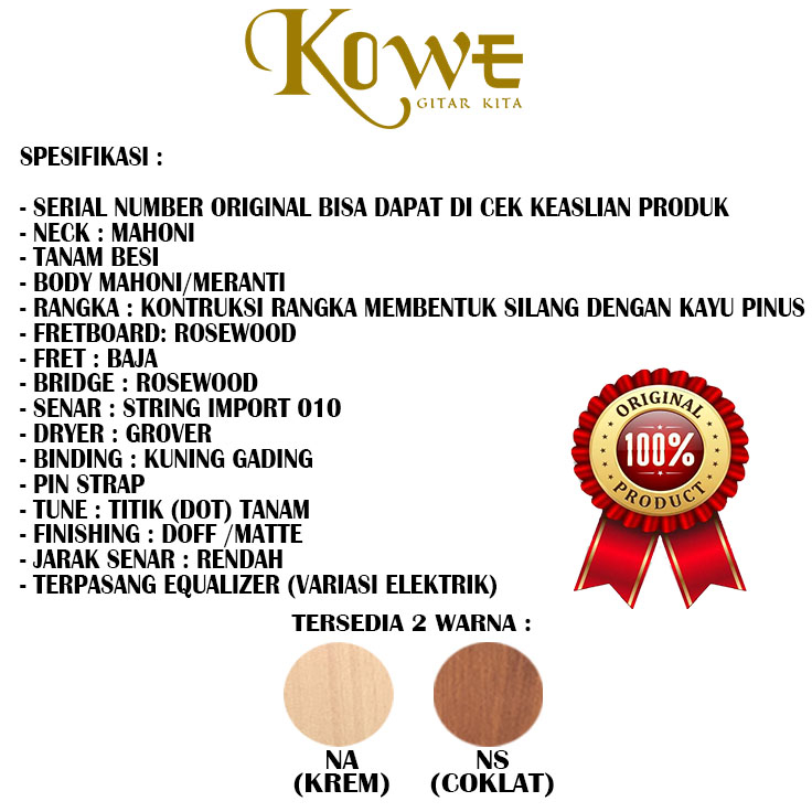 Gitar Akustik KOWE Ukuran 3/4 Seri NR 51 NS/NA Original Packing Kayu Bergaransi 100%