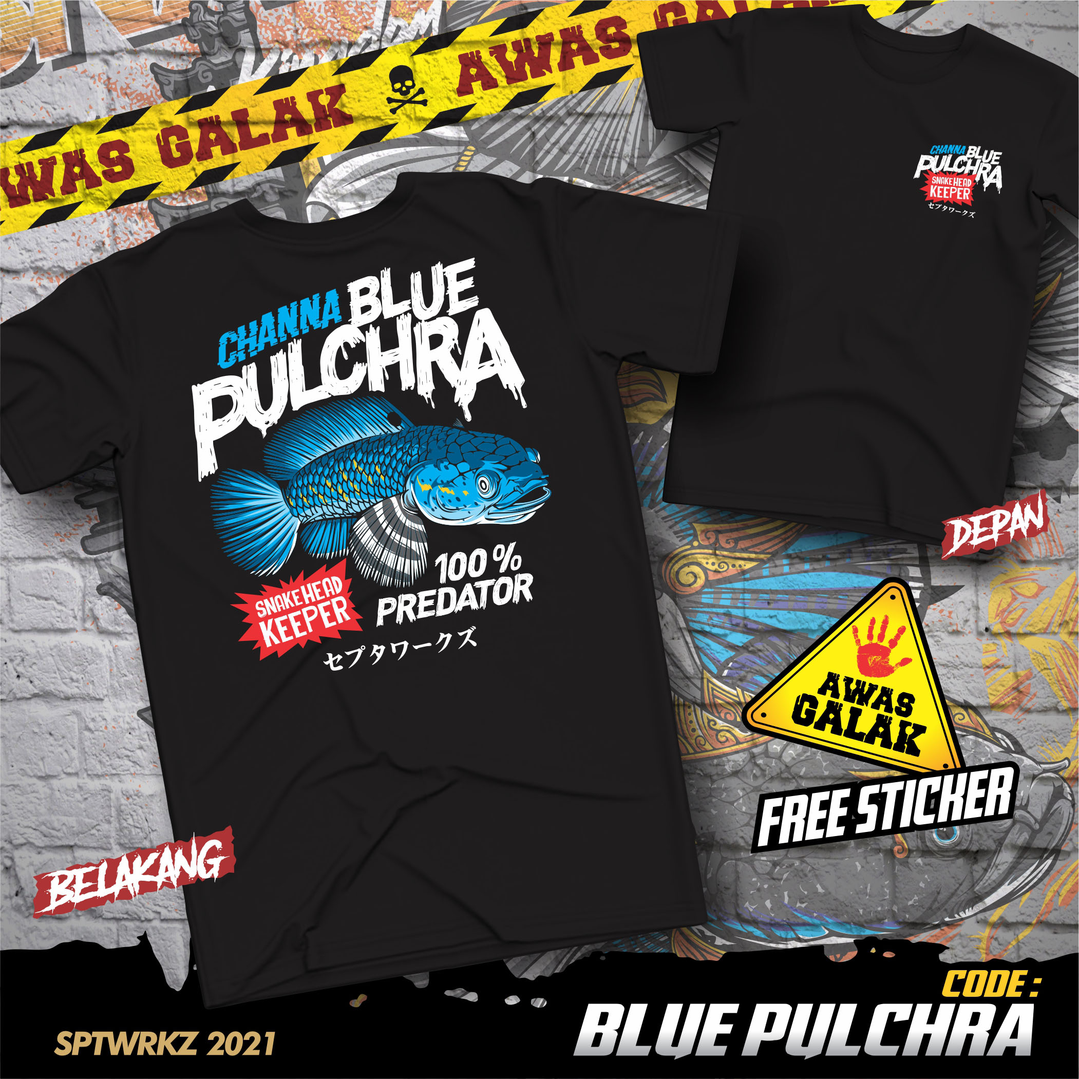 KAOS BLUE PULCHRA IKAN CHANNA/SNAKEHEAD FISH TSHIRT/KAOS IKAN CHANA NEW DESAIN/Kaos Ikan Channa Mura
