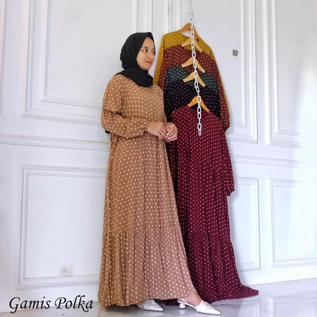 Gamis Wanita Muslim Susun Busui Motif Polkadot Syari Bahan Rayon Premium