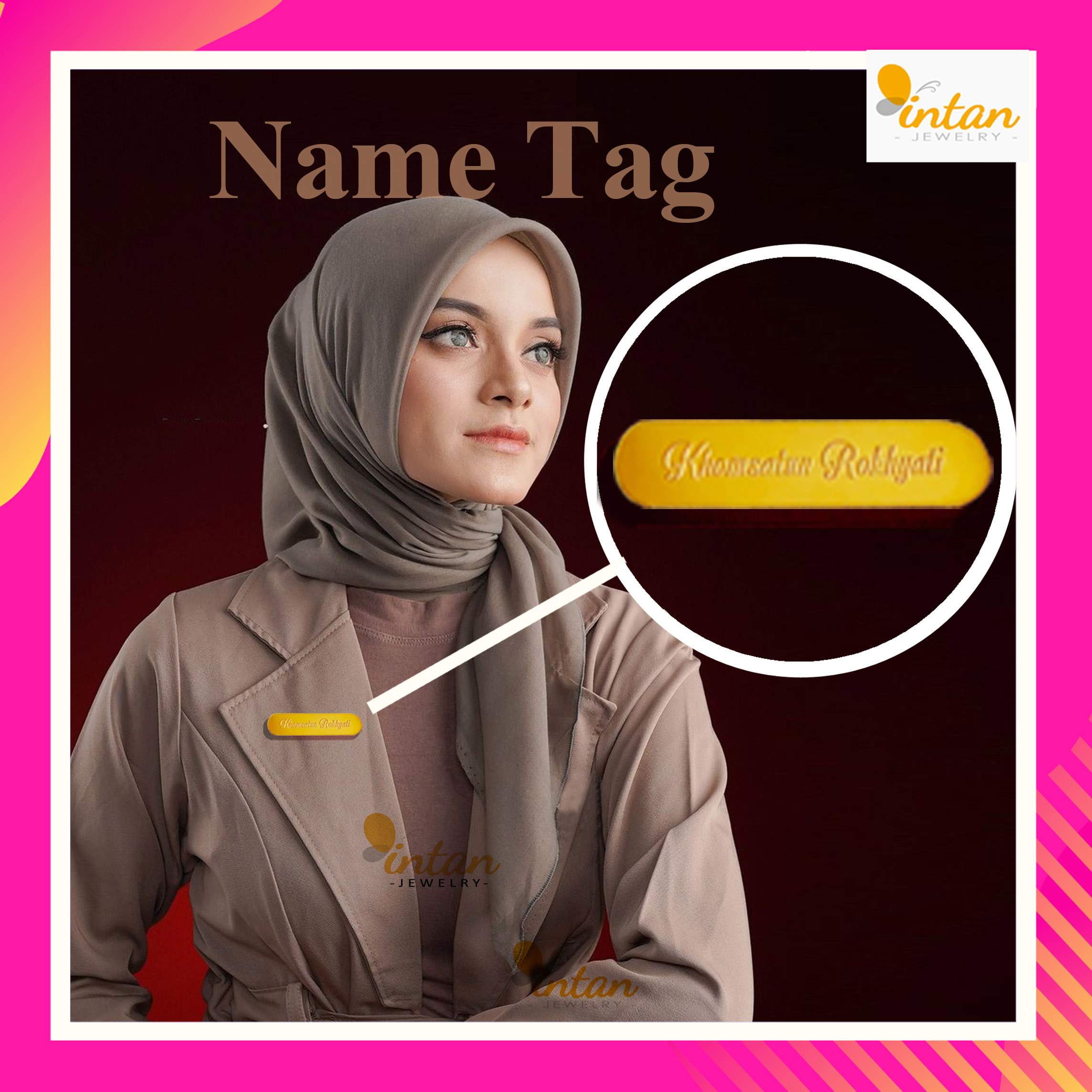 Bros Nama Plat Name Tag Flat Name Etsa Brooch Custom Name Ukir Nama Titanium Lapis Emas Asli 24k Bro