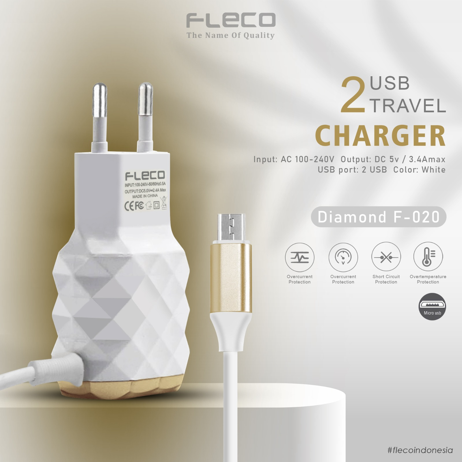 Quick Charge 3.1 USB Wall 2 USB slot Charger F-020 FLECO