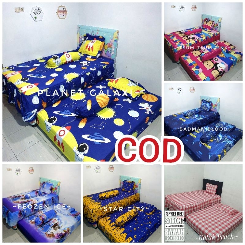 SPREI SORONG/ SPREI DOUBLE  RUMBAI 2in1 MOTIF KOTAK SQUERE Doraemon Hellokitty Lol Bunga 120x200 // 