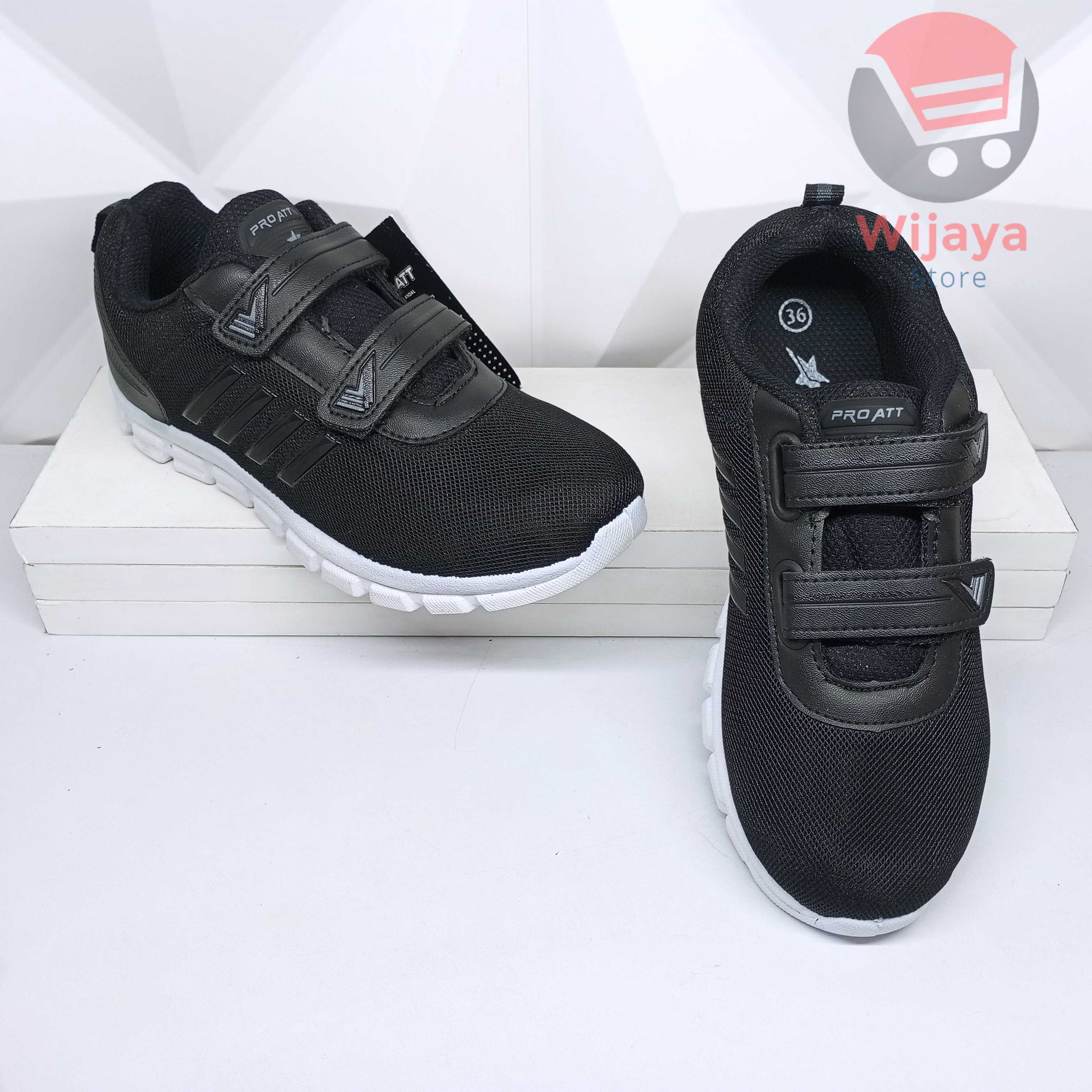 Sepatu Sekolah Pro Att 35-38 Sneaker Anak Hitam Polos Putih dengan Strap Velcro yang Praktis PI 600 PC 870 TEC 890 NT 592