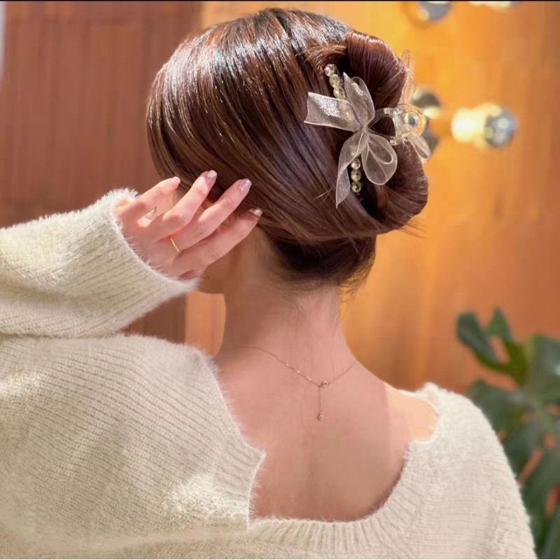 Jepit Rambut Pita Transparan Mutiara JUMBO 11cm Jepitan Rambut Salon Korea Jedai Impor Ribbon Pearl Hair Claw Clip