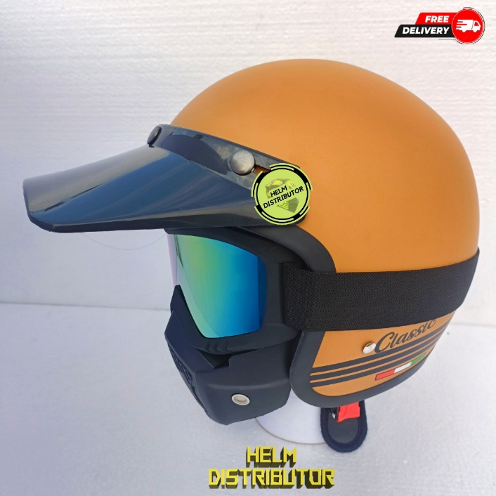 HELM BOGO RETRO CLASSIC ITALI POLOS PLUS GOGGLES MASK PET PANJANG PRIA DAN WANITA COD