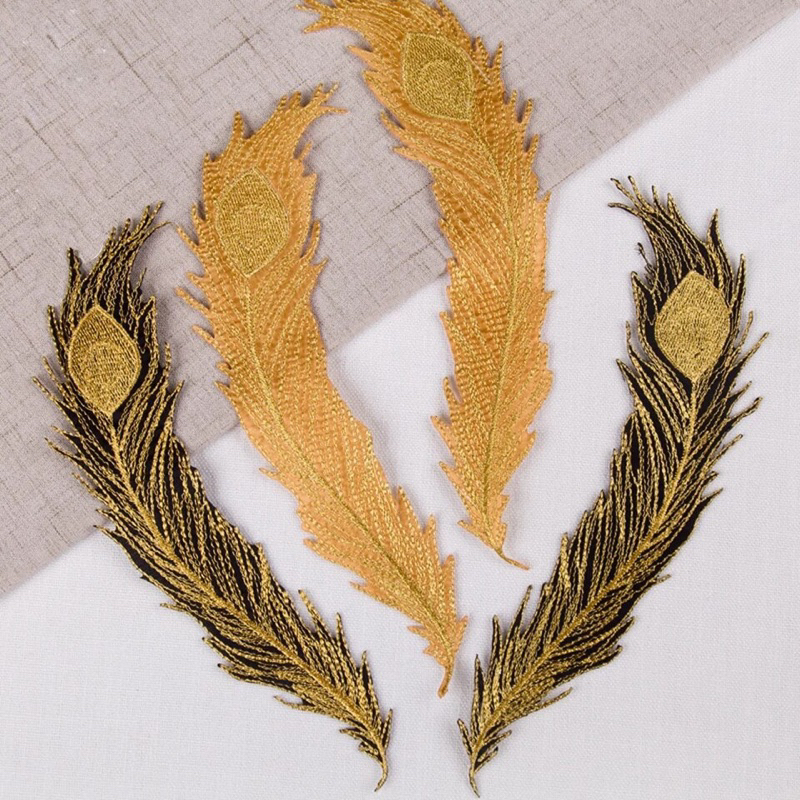 1 Pair Feather Gold Black / Gold Gold Feather Tail Embroidered Patches  Iron On