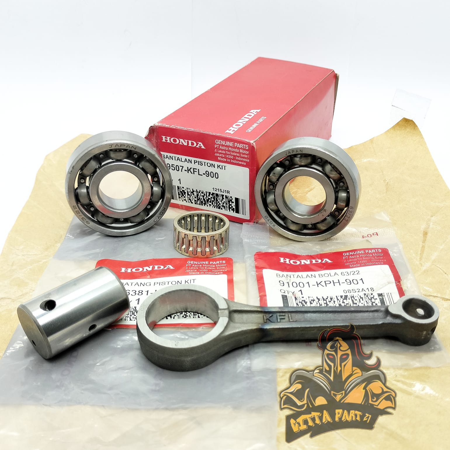 STANG SEHER SET PLUS BEARING KIRI KANAN 63/22 ASLI ORIGINAL HONDA KFL / KPH KUALITAS ASLI ORIGINAL HONDA AHM PRESISI TINGGGAL PASANG DAN DIJAMIN AWET KHARISMA KARISMA 125 SUPRA X 125 SETANG PISTON