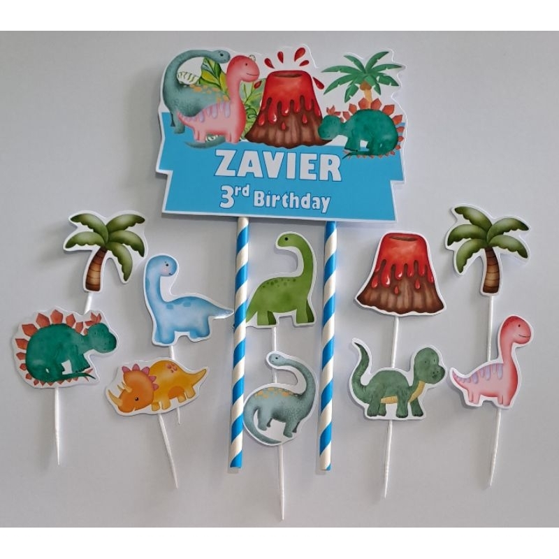 TOPPER CAKE GAMBAR DINOSAURUS DINO WATERCOLOR BISA CUSTOM NAMA