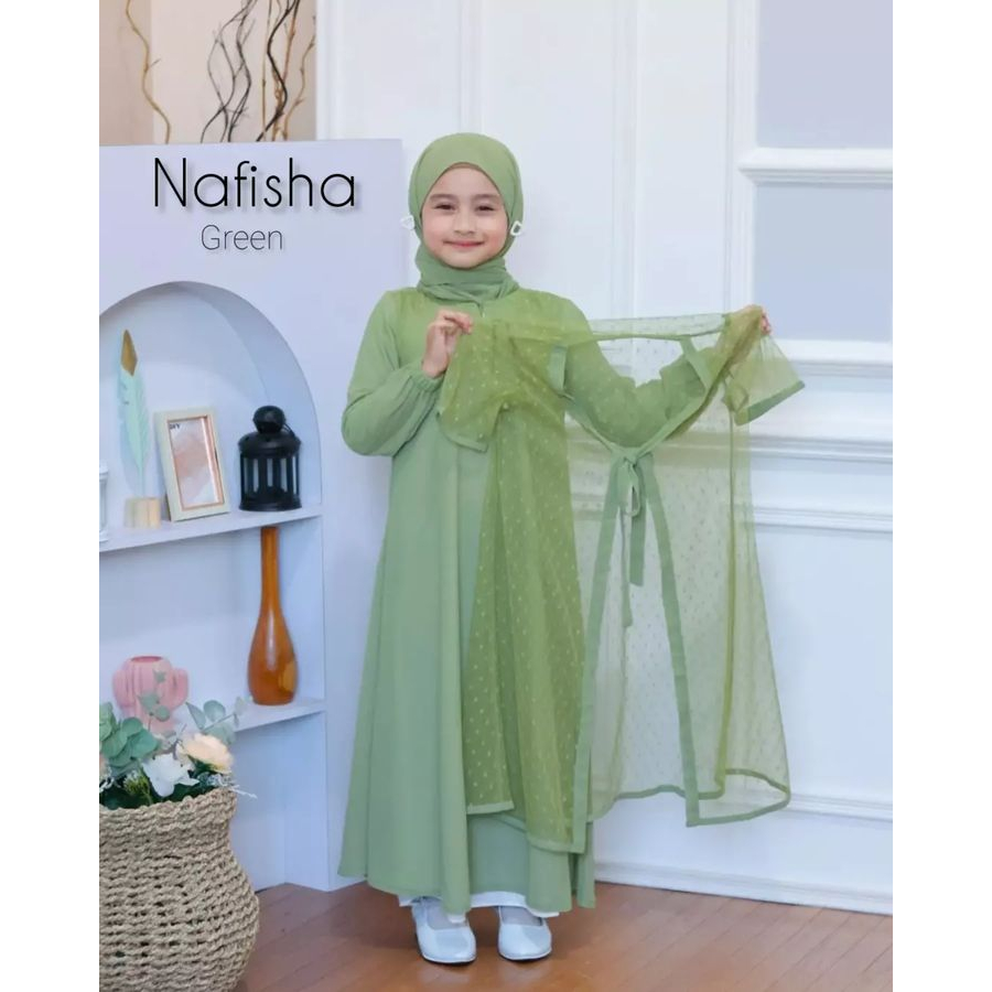 GAMIS ANAK NAFISHA KIDS SET PASHMINA BAHAN CERUTY BABYDOLL MIX TILE LD 80 - 95 PB 105 9 - 12 TH INNER OUTER PISAH ZIPPER DEPAN GAMIS ANAK TERBARU 2023 MODEL TERBARU DRESS ANAK PREMPUAN BAJU MUSLIM MODERN ANAK MODEL TERBARU WARNA SAGE