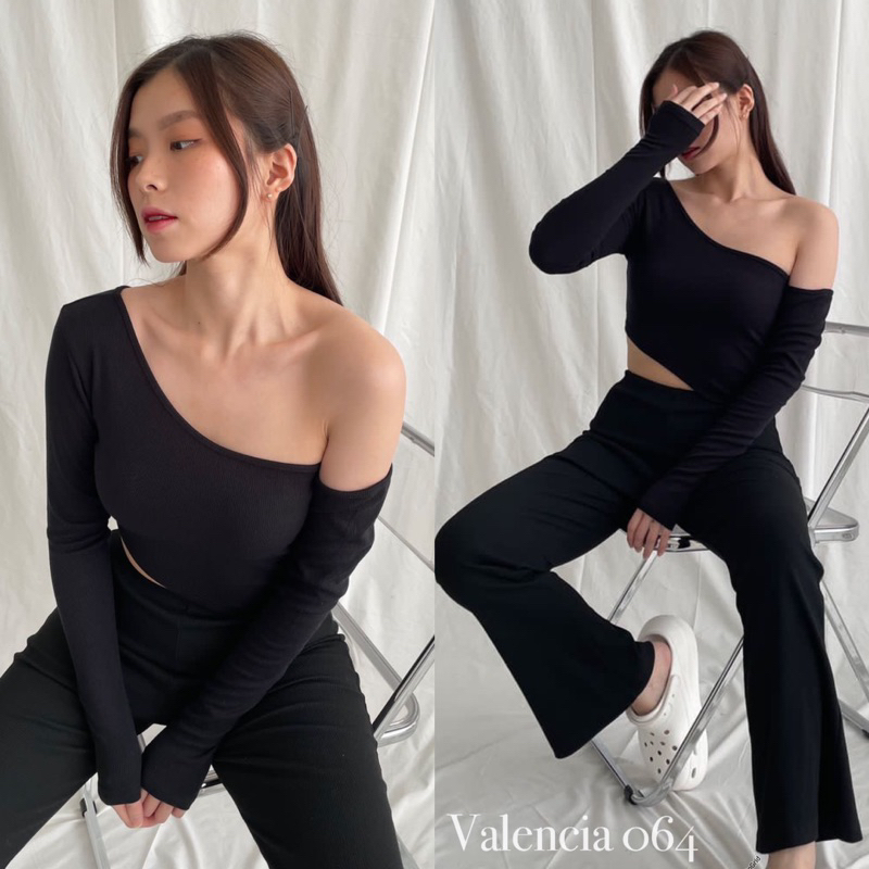 Trivela /  Valencia 064 Knit Top| Nadine Top | Crop Knit One Shoulder Asymetrical/Sabrina Slim Fit Long Sleeve Basic Atasan Wanita Korean Polos Lengan Panjang / NKD