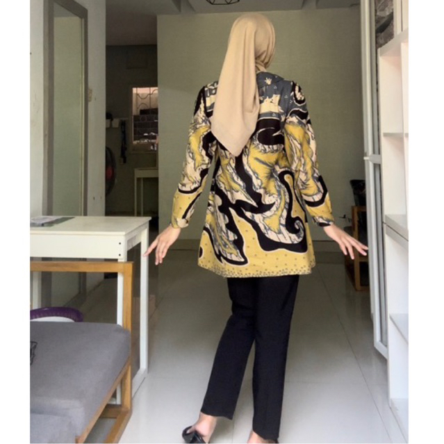 HEDIA Tunik Blouse Atasan Batik Kerja Kantor Wanita Modern Kekinian Print Katun Abstrak