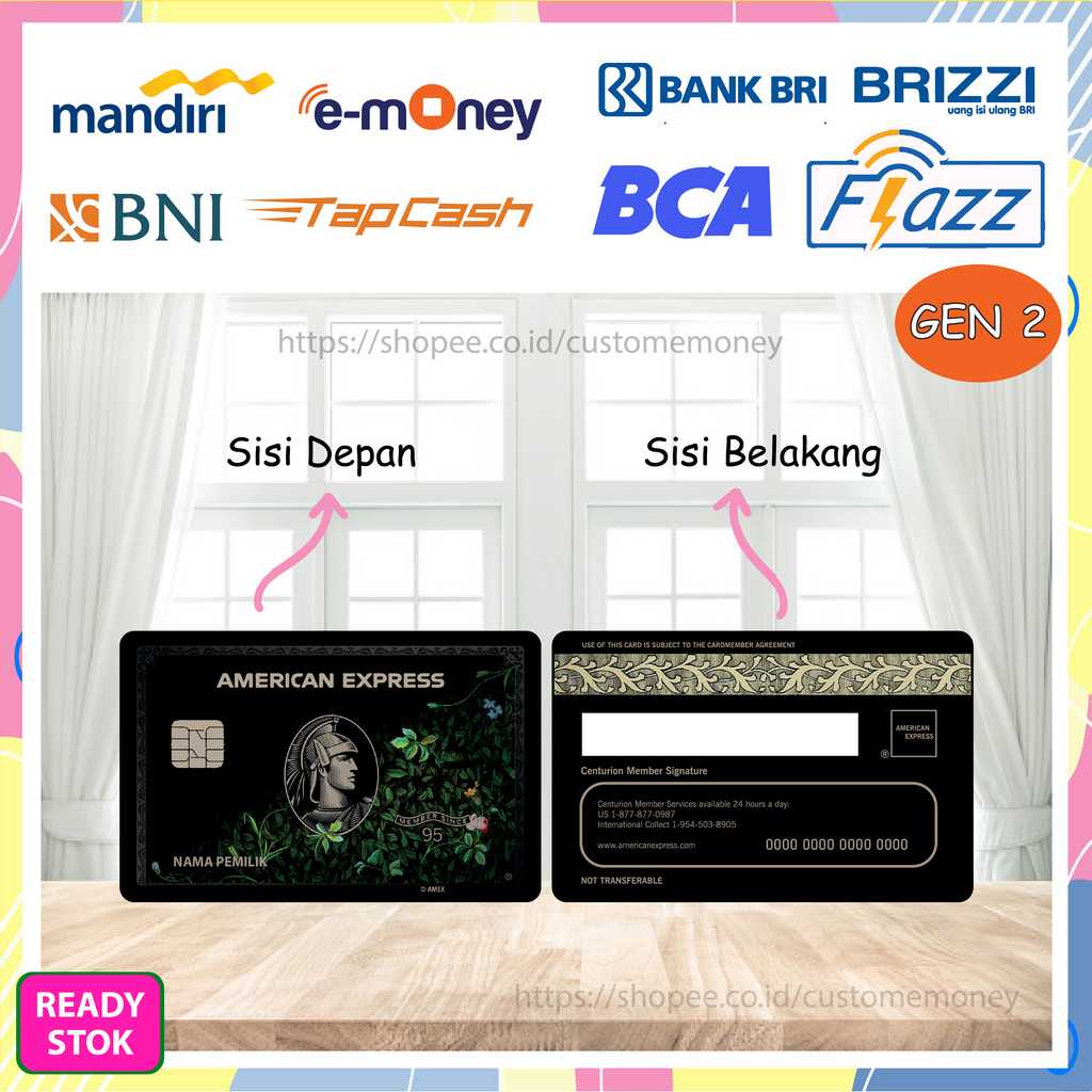 KARTU EMONEY DESIGN KARTU AMERICAN EXPRESS DAUN HITAM ETOLL E-MONEY MANDIRI FLAZZ GEN 2 TAPCASH BRIZZI - 2 SISI