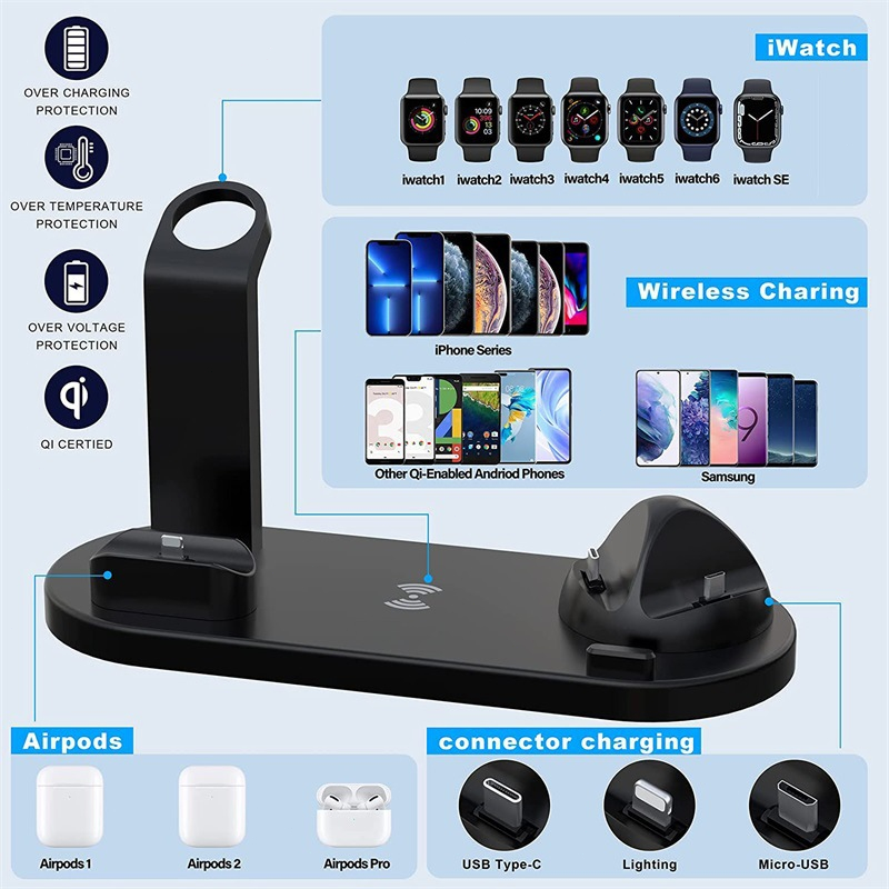 Pengisi Daya Nirkabel 4 in 1 Untuk Ponsel Pengisian Dock Station Kompatibel Watch Charger Micro USB Type-C