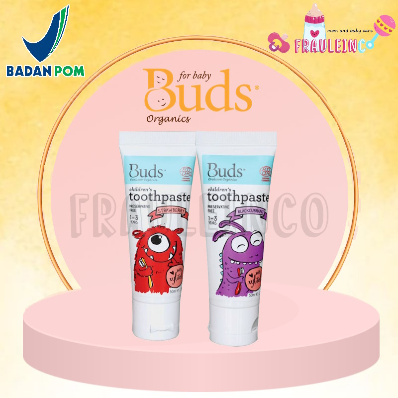 Buds Organics Toothpaste With Xylitol Strawberry Blackcurrant 50ml Pasta Gigi Anak Organik 1-3 tahun