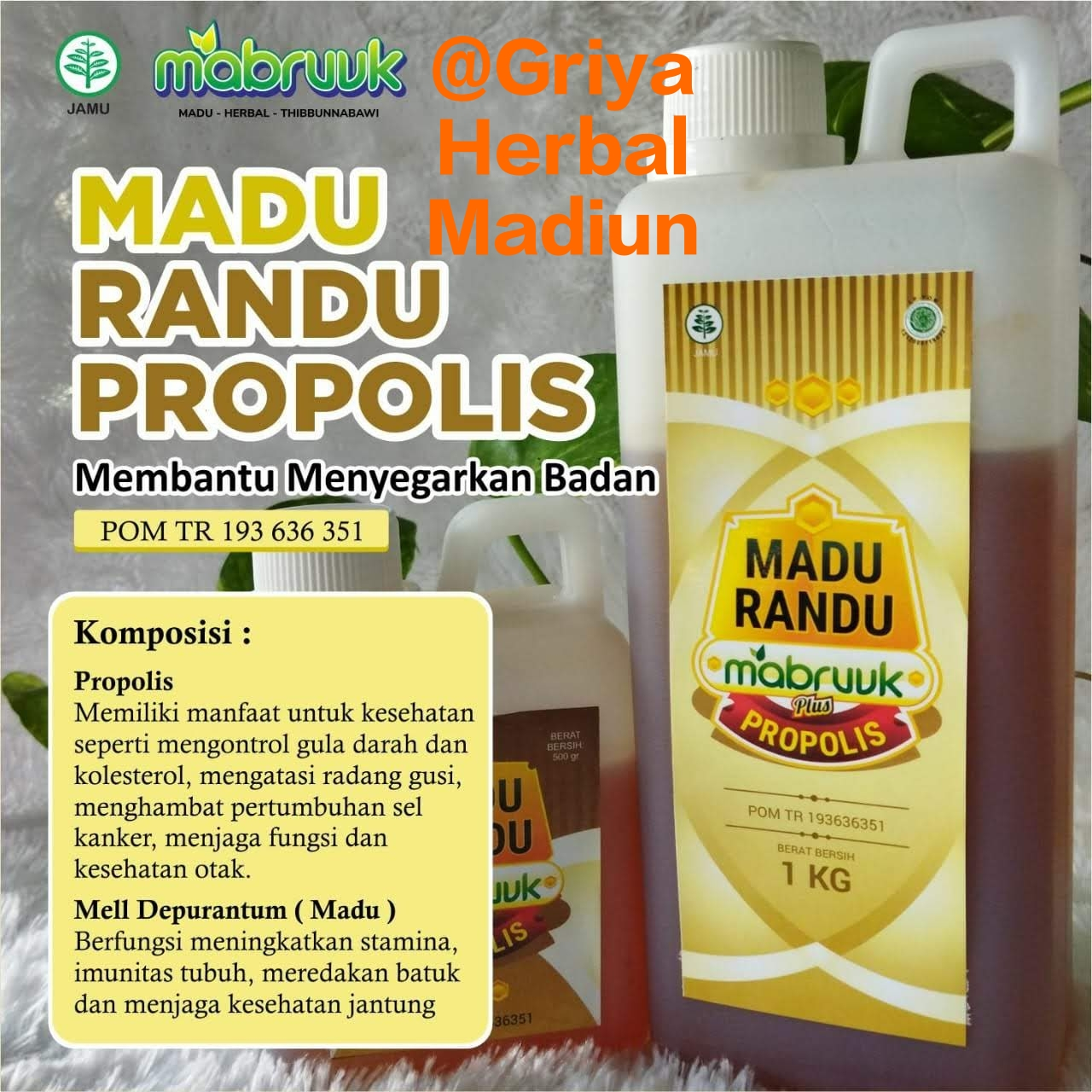 

Madu murni asli Randu Propolis Mabruuk 1kg dan 500 kg