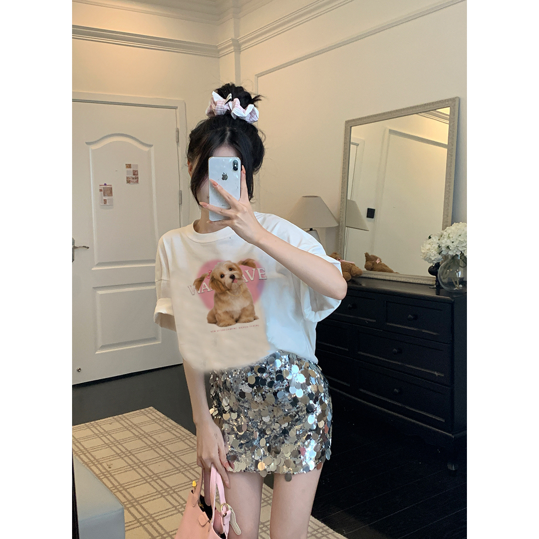 EUNII T-shirt Lengan Pendek Cartoon Pink Dog Korean Style/Kaos Atasan Wanita/Baju Kaus Oversize Wanita/Kaos Wanita