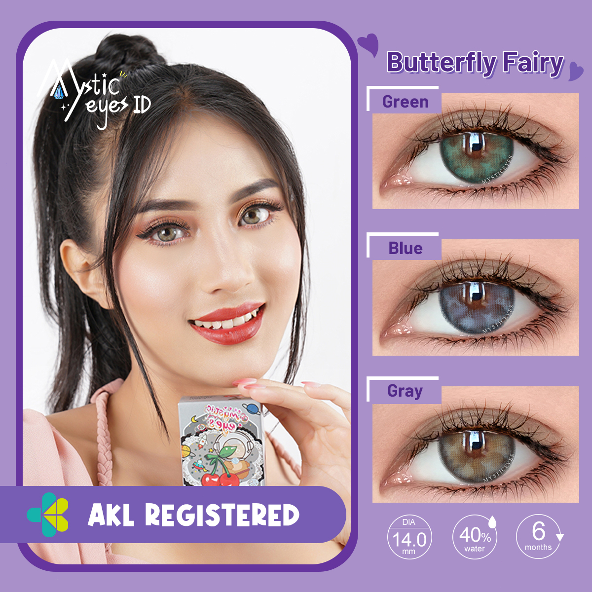 MYSTICEYES SOFTLENS Butterfly Fairy SERIES BLUE PINK GREEN lensa kontak 14.0MM