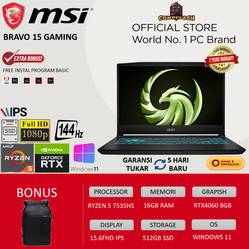 LAPTOP MSI BRAVO 15 - RYZEN 5 7535HS 16GB 512SSD RTX4060 8GB WINDOWS 11 15.6FHD IPS 144HZ