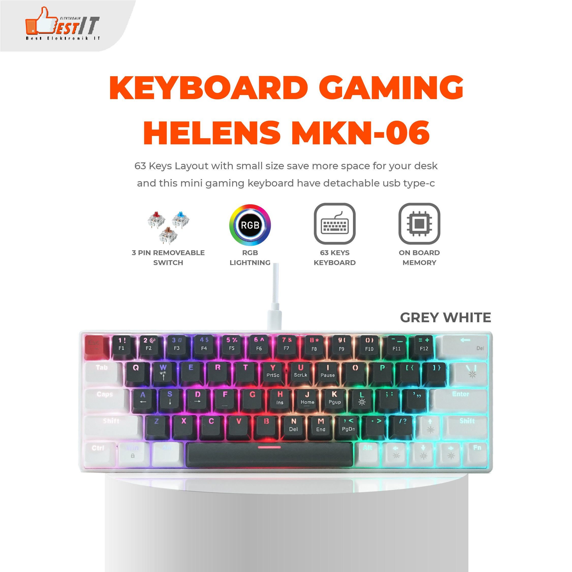 Keyboard Mechanical 63 Keys Removable HELENS MKN-06 NYK Nemesis - White-Grey, Bluebrane With Holder
