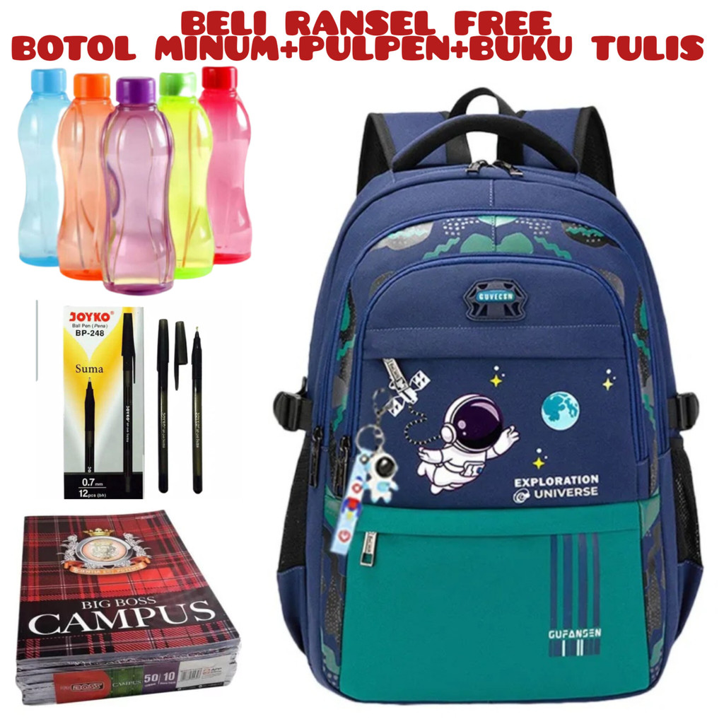 JS_ Beli 1 dapat 4-Ransel Anak-anak Tas Sekolah Anak-anak Untuk Anak Laki-laki Dan Perempuan Ransel Sekolah Ortopedi Tahan Air Tas Sekolah Dasar Beli Ransel Free Botol Minum+Pulpen+Buku Tulis