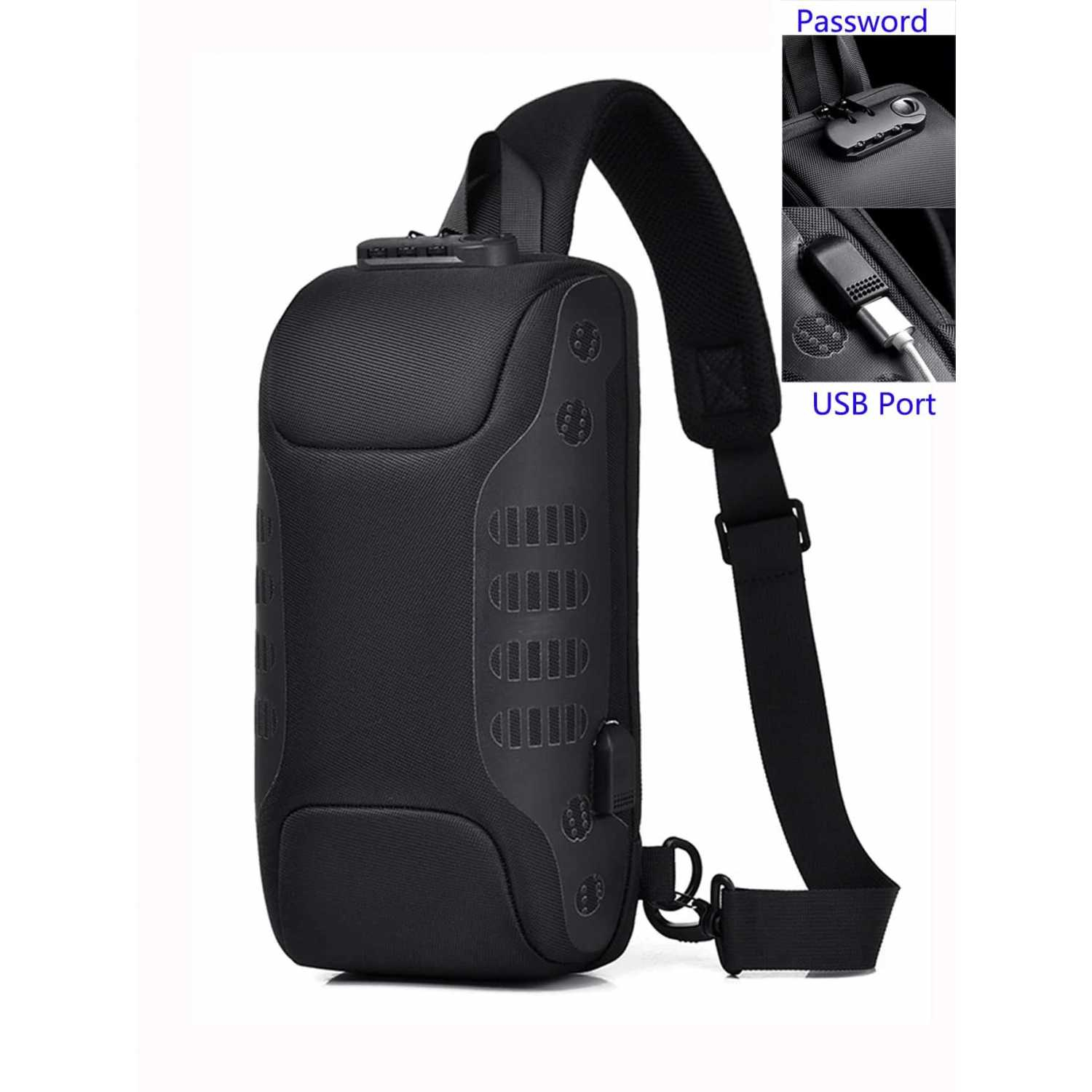 Tas Selempang Pria Crossbody Lock Sling Bag with USB Port Slempang Cowok Material Poliester Berkualitas