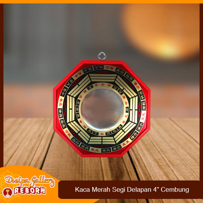 Kaca Cermin Cekung Fengshui Pat Kua Pakua /Ba Gua Segi Delapan Red 4&quot;