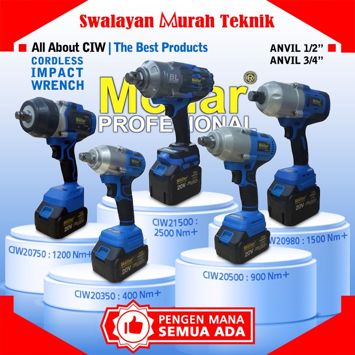 MOLLAR Alat Buka Baut Baterai 20Volt Cordless Impact Wrench Battery
