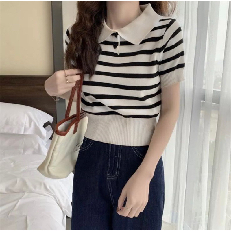 TheGrilHouse - AMORA CROP TOP KOREA KNIT KAOS KERAH WANITA POLO SHIRT