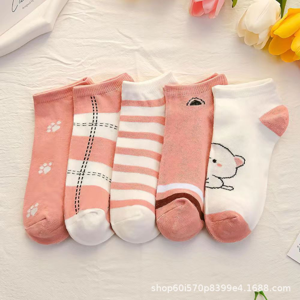 T&amp;Y Kaos Kaki Wanita Pendek Semata Kaki 6775 Kaus Kaki Pendek Motif Kartun Kucing Lucu Pink Cat Meow Sarung Kaki Pendek Wanita Ankle Socks Fashion Korea Women Sock Import Murah