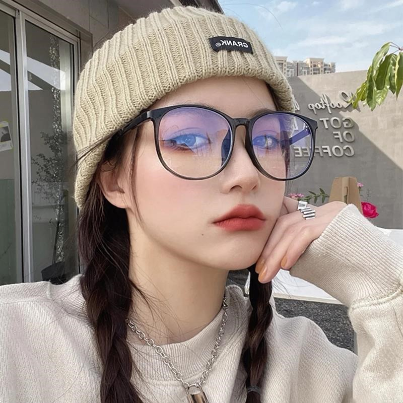 COD❤️Kacamata Wanita Korea Anti Radiasi Blue Light Transparan Bentuk Bulat Gaya Retro Eyeglasses Fashion