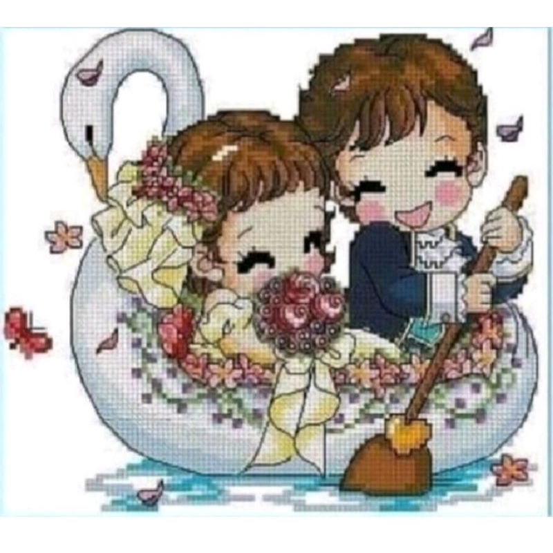 Paket kristik wedding boat pernikahan pengantin pola kain bride sulaman couple cross stitch soda emb