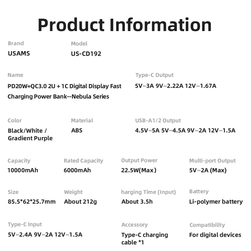 USAMS Nebula Powerbank 10000mAh Fast Charging PD20W+QC3.0