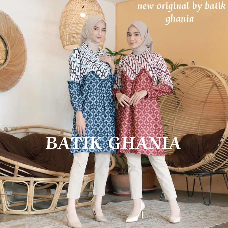 Tunik Batik Wanita Modern Atasan Tunik Terbaru Lengan Panjang Motif PARANGKAWONG