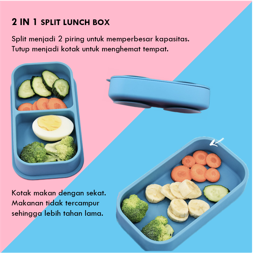 LIGERA 2in1 Travel Baby Suction Plates / Silicone Lunch Box / Piring Sekat Anak Bayi Anti Tumpah