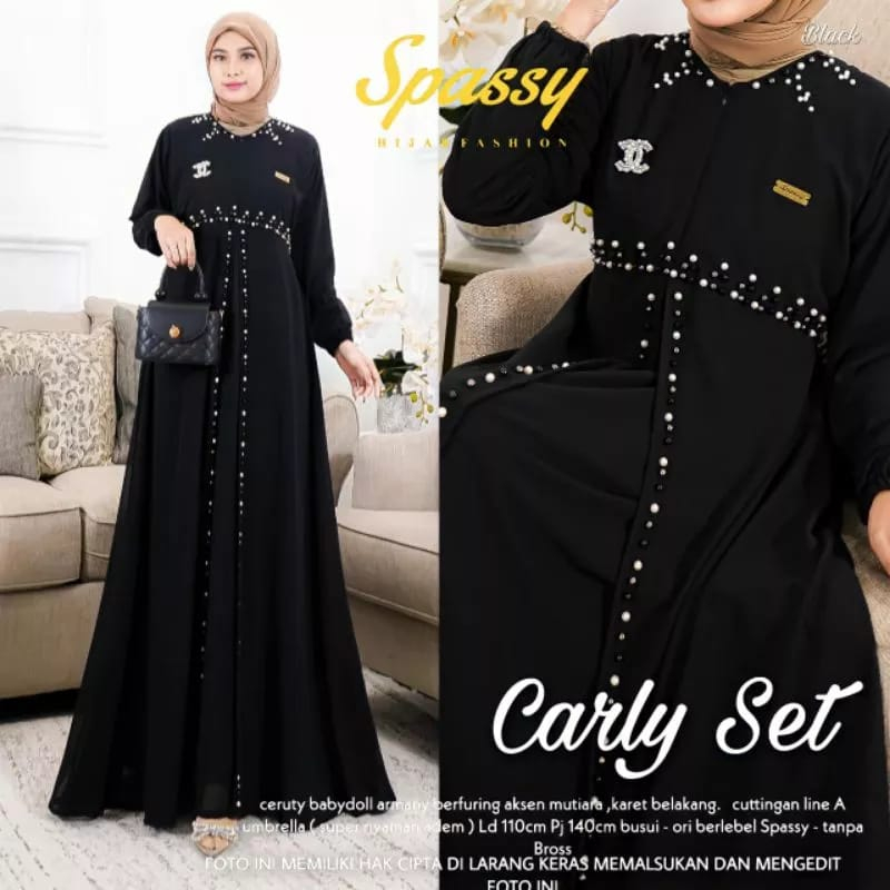 Carly Seti Maxy Aplikasi Mutiara Dress Kondangan Gamis Ceruty Babydoll Full Furing Gaun Pesta Muslimah