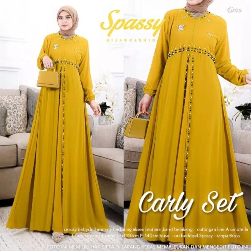 Carly Seti Maxy Aplikasi Mutiara Dress Kondangan Gamis Ceruty Babydoll Full Furing Gaun Pesta Muslimah