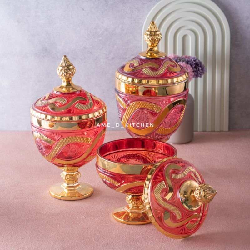 Toples kristal set ulir isi 3 capodimonte warna merah