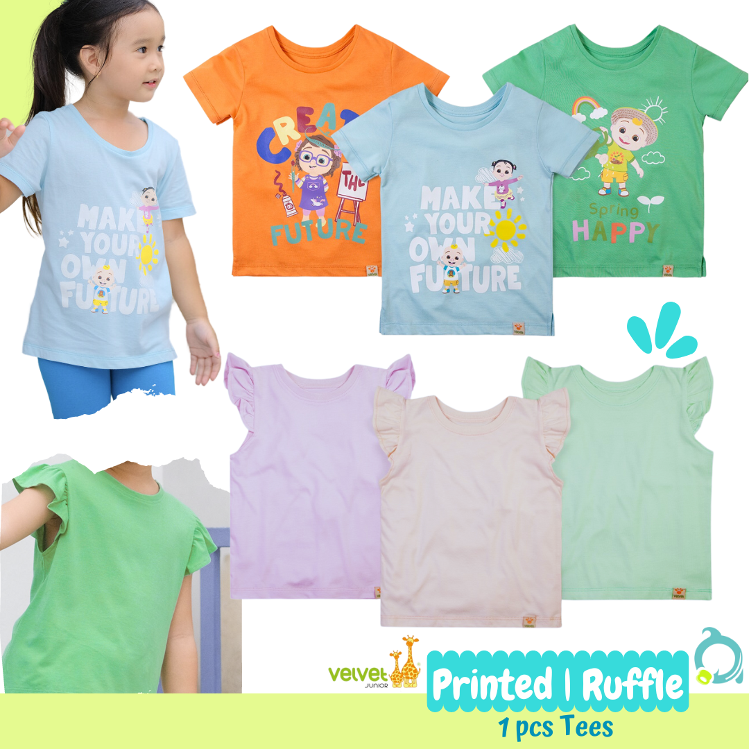 VELVET Junior Printed Tees | Aircool Pocket Tees Girl 2-5 Tahun / S | M | L  Kaos Anak (1pcs)