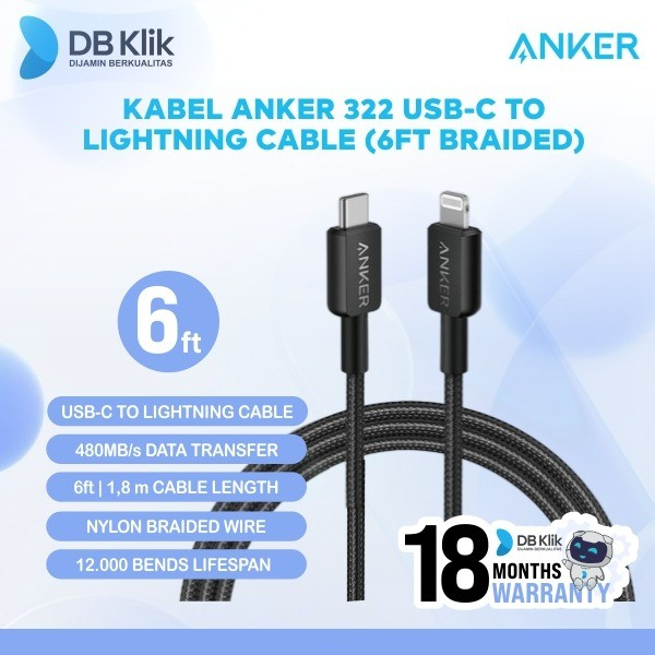 Kabel Anker 322 Usb-C to Lightning Cable (6ft Braided) - Anker A81B6