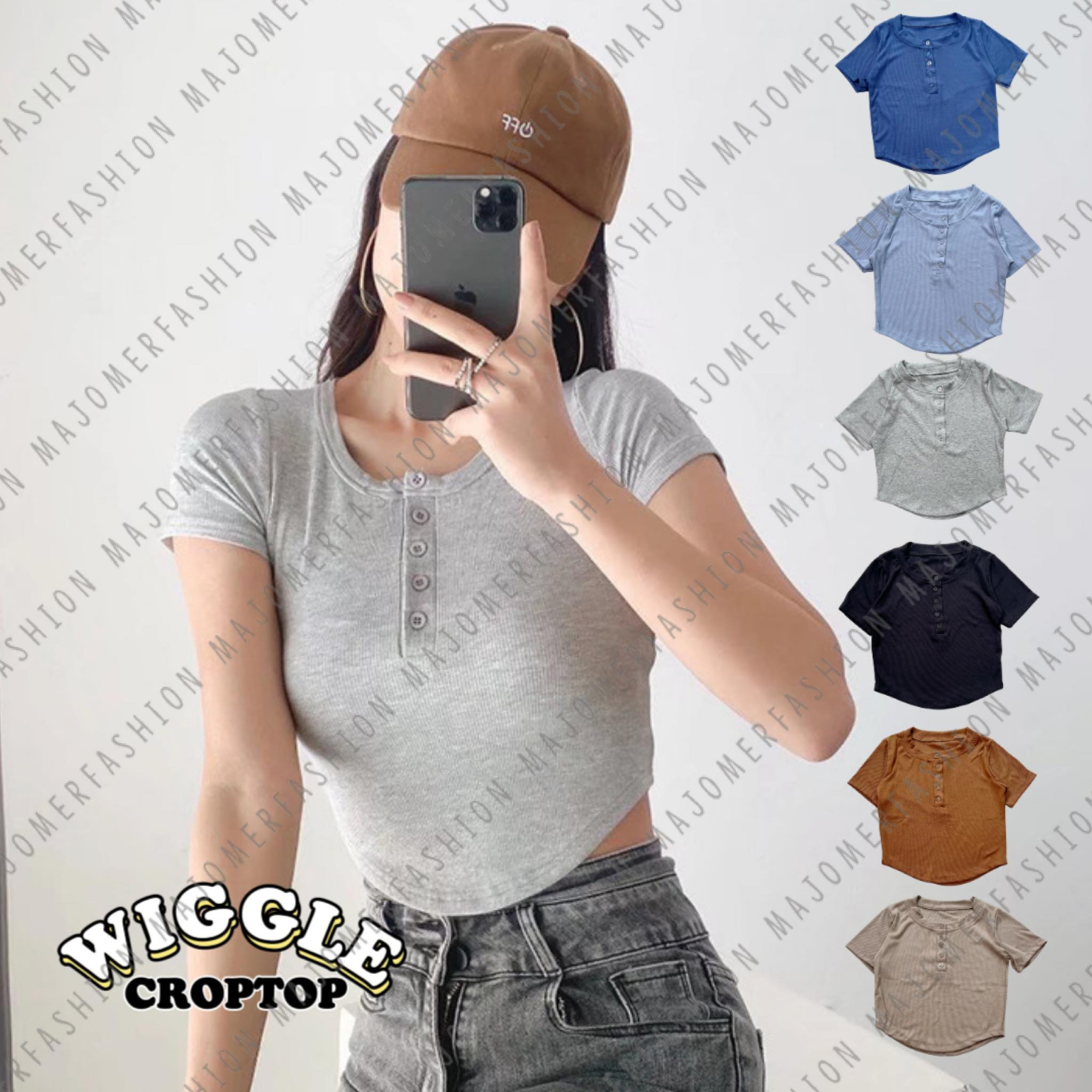 Majomer | Wiggle Crop Top Lengan Pendek - Atasan Wanita Kancing Rib Crop