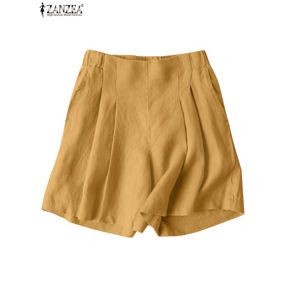 ZANZEA Women Casual Elastic Waist Solid Color Side Pockets Loose Shorts