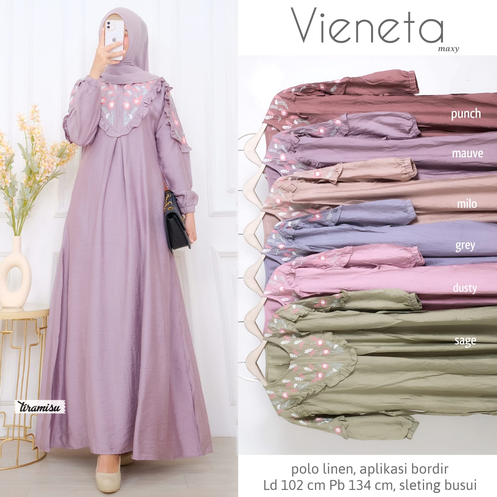 VIENETA DRESS / 15.7 / BAHAN POLO LINEN PREMIUM / LD 102 CM / PB 134 CM / ALLSIZE JUMBO / FIT TO XL / TIRAMISU