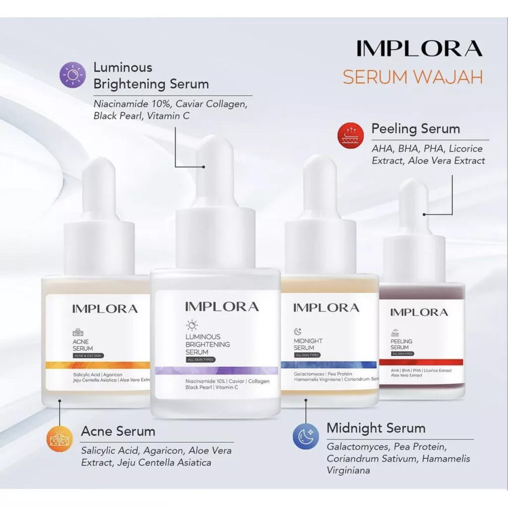 IMPLORA Serum 20ML | Luminous Brightening | Acne Jerawat | Peeling Exfoliating | Liporetinol | Bakuchiol | Salmon DNA | Birdnest Nourish | Midnight | Hydrating | Meningkatkan Elastisitas Kulit dan sebagai Antioksidan | Halus &amp; Glowing